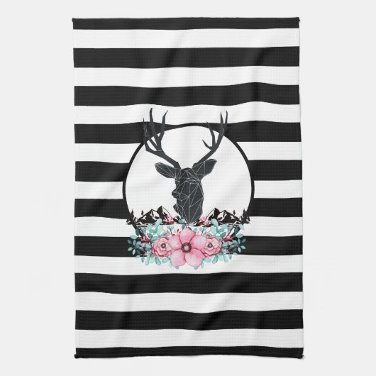 Black Deer Head met roze bloemen en bergen Theedoek (Verticaal)