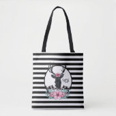 Black Deer Head met roze bloemen en bergen Tote Bag (Voorkant)