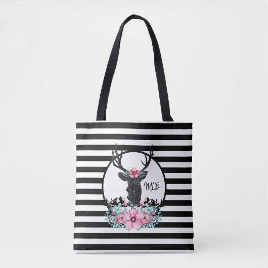 Black Deer Head met roze bloemen en bergen Tote Bag (Voorkant)