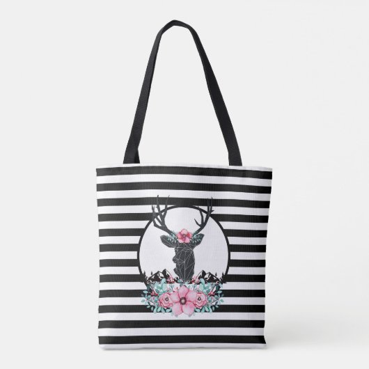 Black Deer Head met roze bloemen en bergen Tote Bag (Achterkant)
