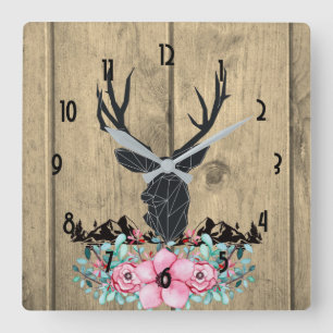 Black Deer Head met roze bloemen en bergen Vierkante Klok