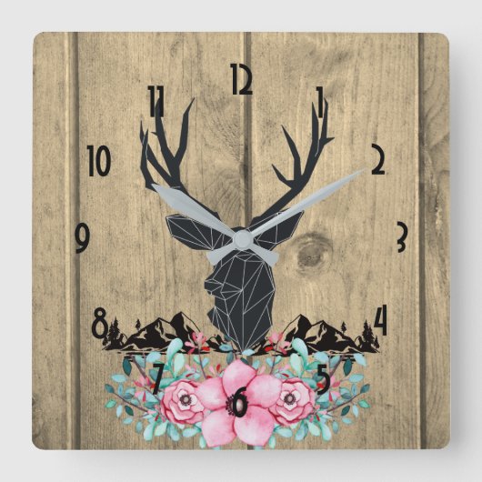 Black Deer Head met roze bloemen en bergen Vierkante Klok (Voorkant)