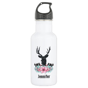 Black Deer Head met roze bloemen en bergen Waterfles