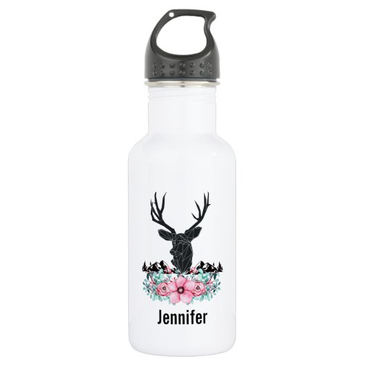 Black Deer Head met roze bloemen en bergen Waterfles (Voorkant)