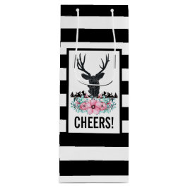 Black Deer Head met roze bloemen en bergen Wijn Cadeautas