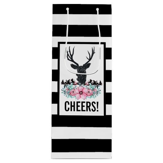 Black Deer Head met roze bloemen en bergen Wijn Cadeautas (Voorkant)