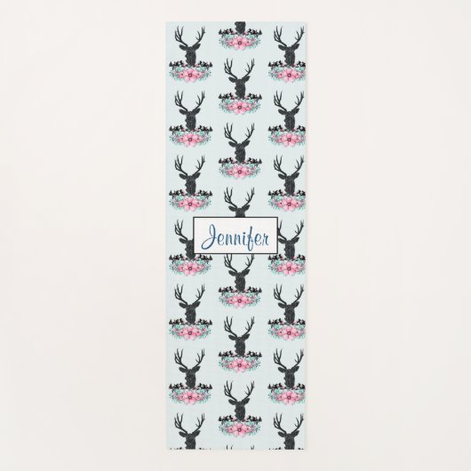 Black Deer Head met roze bloemen en bergen Yogamat (Voorkant)