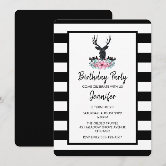 Black Deer Head met roze ventilator Bouquet Birthd Kaart (Voorkant / Achterkant)