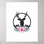 Black Deer Head w/ Pink Flowers & Mountains Poster (Voorkant)