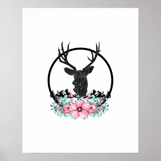 Black Deer Head w/ Pink Flowers & Mountains Poster (Voorkant)