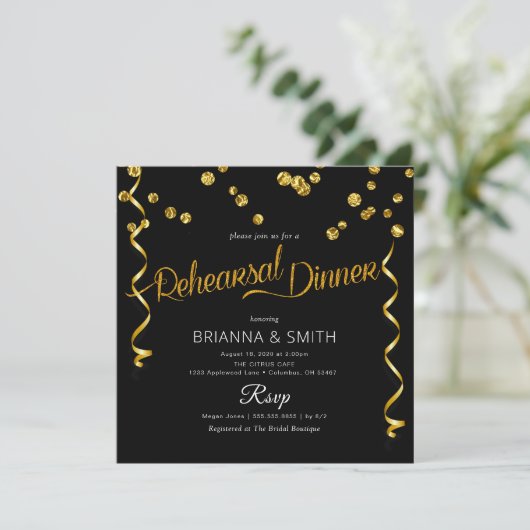 Black Delicate Elegant Rehearsal Dinner Invitation Kaart (Staand voorkant)