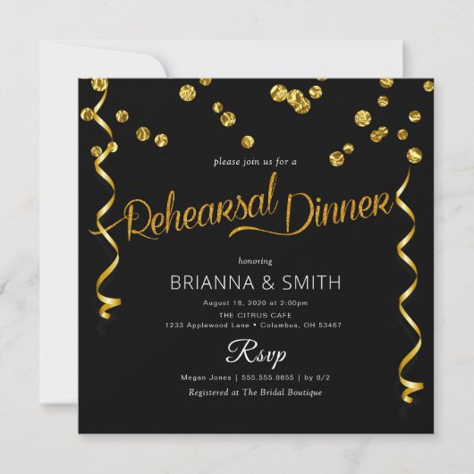 Black Delicate Elegant Rehearsal Dinner Invitation Kaart (Voorkant)