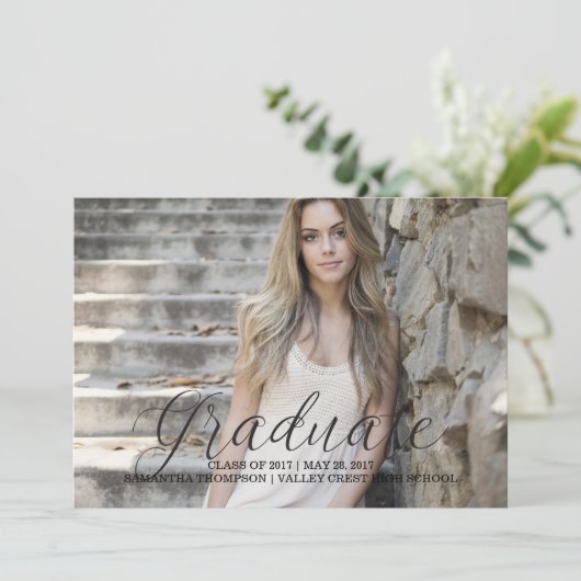 Black Delicate Script Photo Afstuderen Aankondiging (Staand voorkant)