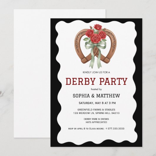 Black Derby Party Invitation Elegant Horseshoe Kaart (Voorkant / Achterkant)