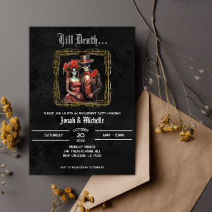 Black Día de los Muertos Skulls Engagement Party Kaart