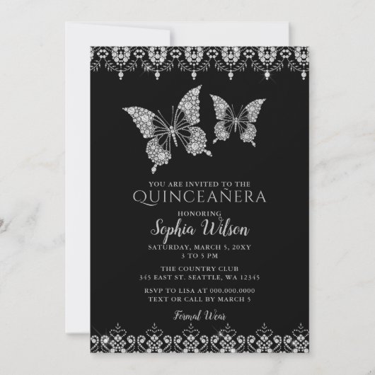 Black Diamante Lace Butterflies Quinceañera Kaart (Voorkant)