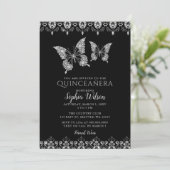 Black Diamante Lace Butterflies Quinceañera Kaart (Staand voorkant)