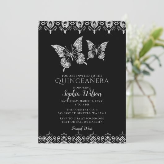 Black Diamante Lace Butterflies Quinceañera Kaart (Staand voorkant)