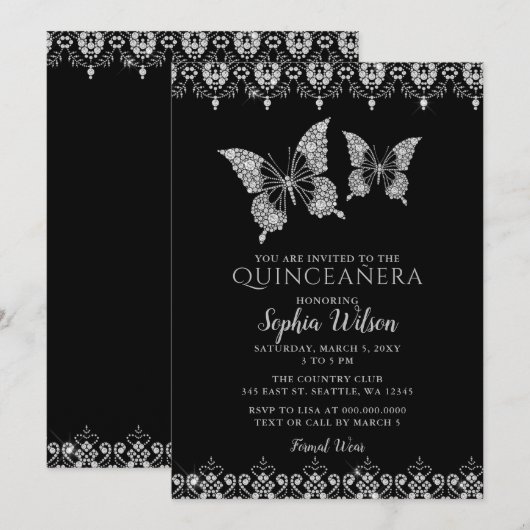 Black Diamante Lace Butterflies Quinceañera Kaart (Voorkant / Achterkant)