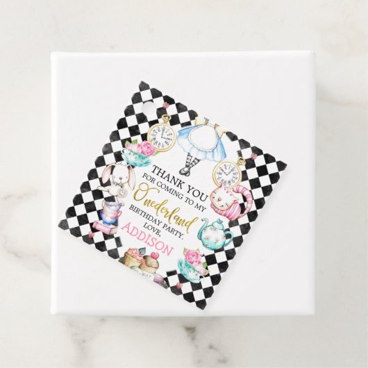 Black Diamond Alice in Onederland 1st Birthday Lab Bedankjes Labels (In situ)