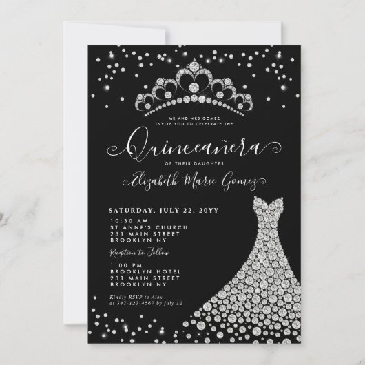Black Diamond Silver Sparkle Tiara Quinceanera Kaart (Voorkant)