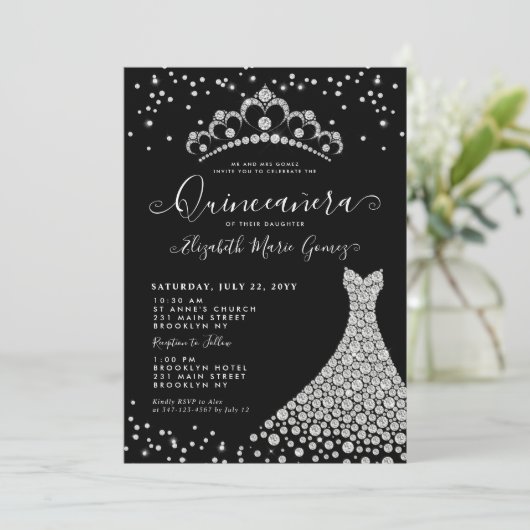 Black Diamond Silver Sparkle Tiara Quinceanera Kaart (Staand voorkant)