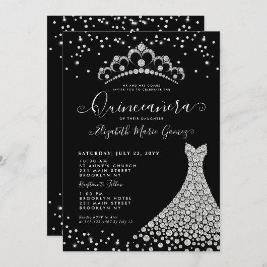 Black Diamond Silver Sparkle Tiara Quinceanera Kaart (Voorkant / Achterkant)