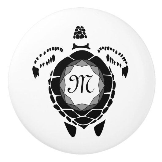 Black Diamond Zee Turtle Silhouette Monogram Keramische Knop (Voorkant)
