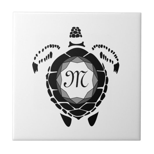 Black Diamond Zee Turtle Silhouette Monogram Tegeltje (Voorkant)