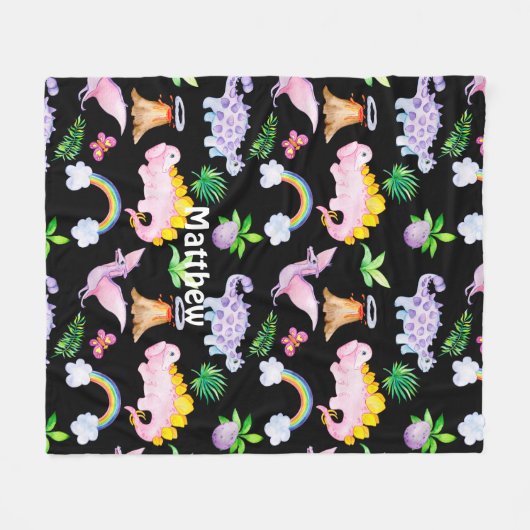 Black Dinosaur Rainbow Waterverf Pattern Oerwoud Fleece Deken (Voorkant (Horizontaal))