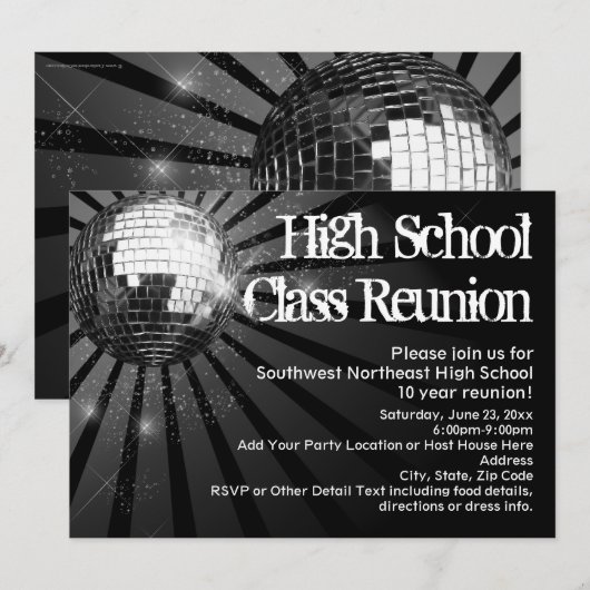 Black Disco Ball Class Reunion-uitnodigingen Kaart (Voorkant / Achterkant)