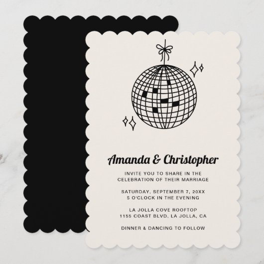 Black Disco Ball Wedding Invitation Scalloped Kaart (Voorkant / Achterkant)