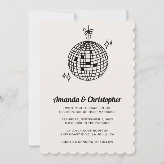 Black Disco Ball Wedding Invitation Scalloped Kaart (Voorkant)