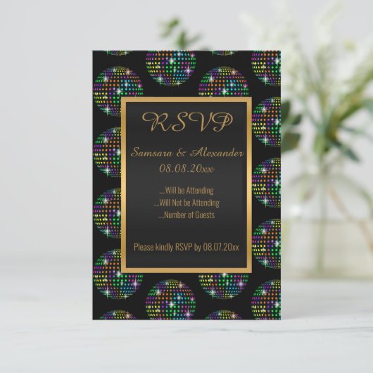 Black Disco Theme DISCOBALL RSVP Kaart (Staand voorkant)