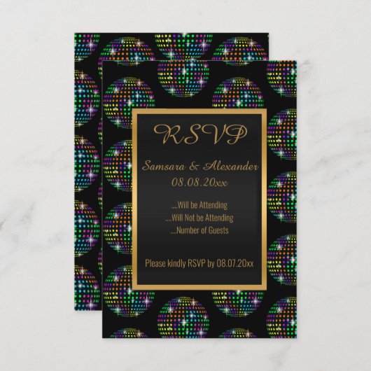 Black Disco Theme DISCOBALL RSVP Kaart (Voorkant / Achterkant)