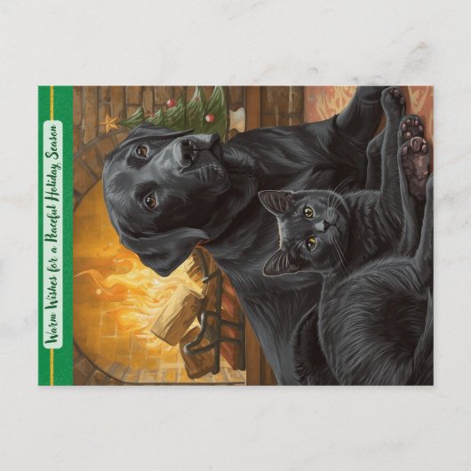 Black Dog Cat Warm Wishes Holiday Postcard Feestdagenkaart (Voorkant)