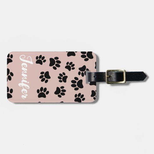 Black Dog Paw Pattern op Roos Gold Bagagelabel (Voorkant horizontaal)