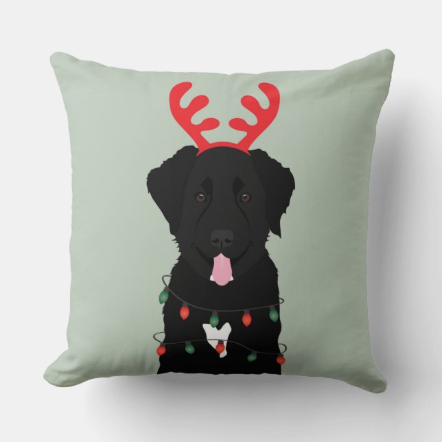 Black Dog Reindeer-kerstlampjes Kussen (Voorkant)