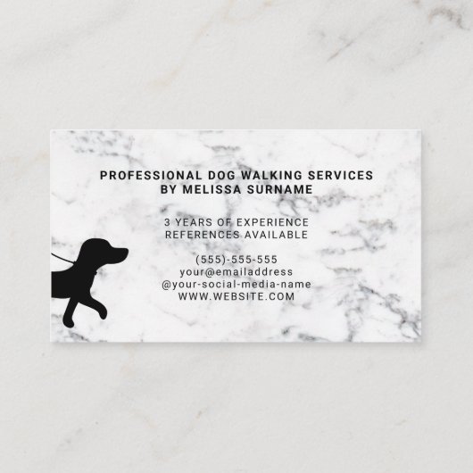Black Dog Walker Silhouette op Faux Marble Visitekaartje (Achterkant)