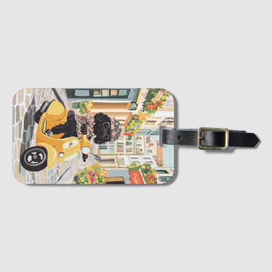 Black Doodle Riding Scooter European City Streets Bagagelabel (Voorkant (horizontaal))