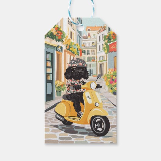 Black Doodle Riding Scooter European City Streets Cadeaulabel (Voorkant)