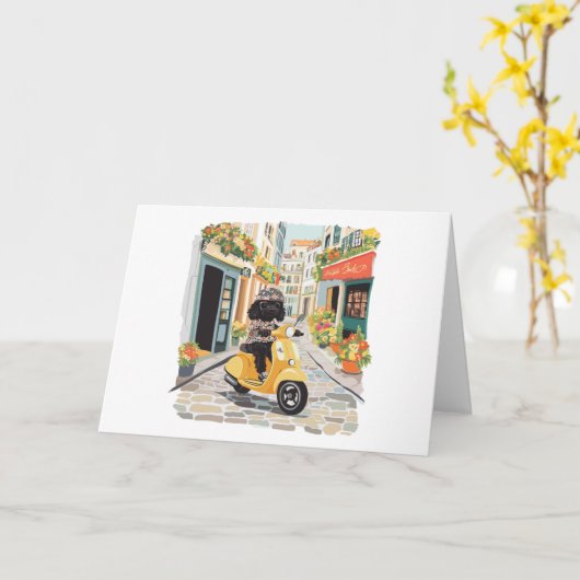 Black Doodle Riding Scooter European City Streets Kaart (Gele Bloem)
