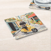 Black Doodle Riding Scooter European City Streets Kartonnen Onderzetters (Schuin)