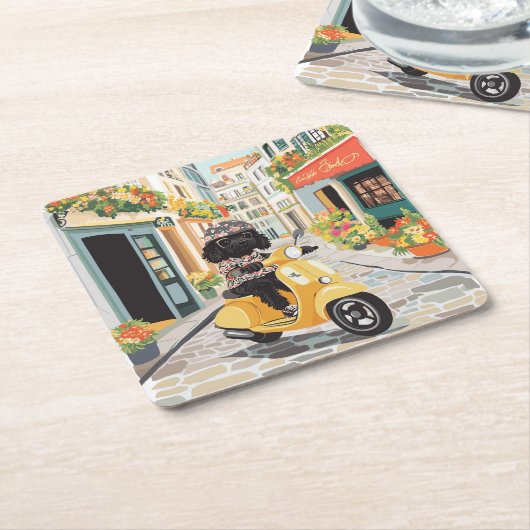 Black Doodle Riding Scooter European City Streets Kartonnen Onderzetters (Schuin)