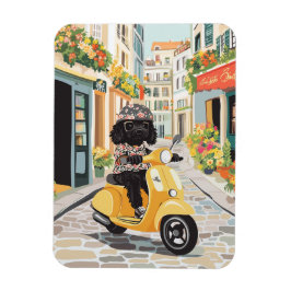 Black Doodle Riding Scooter European City Streets Magneet