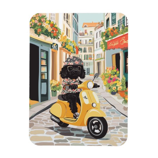 Black Doodle Riding Scooter European City Streets Magneet (Verticaal)