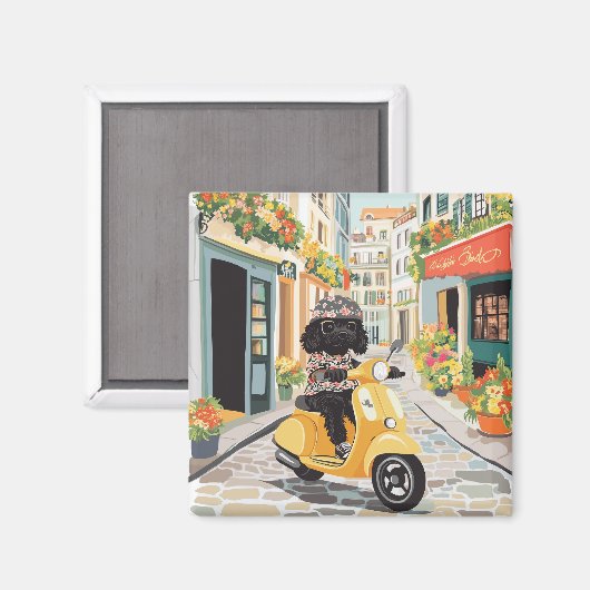 Black Doodle Riding Scooter European City Streets Magneet (Voorkant / Achterkant)