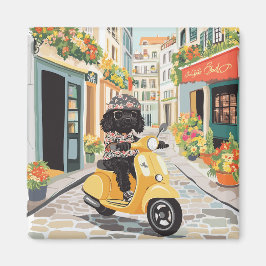 Black Doodle Riding Scooter European City Streets Magneet