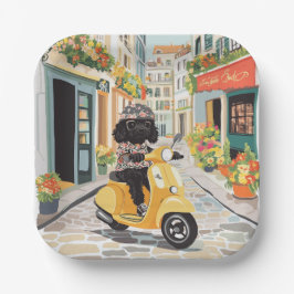 Black Doodle Riding Scooter European City Streets Papieren Bordje