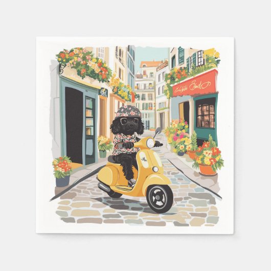 Black Doodle Riding Scooter European City Streets Servet (Voorkant)